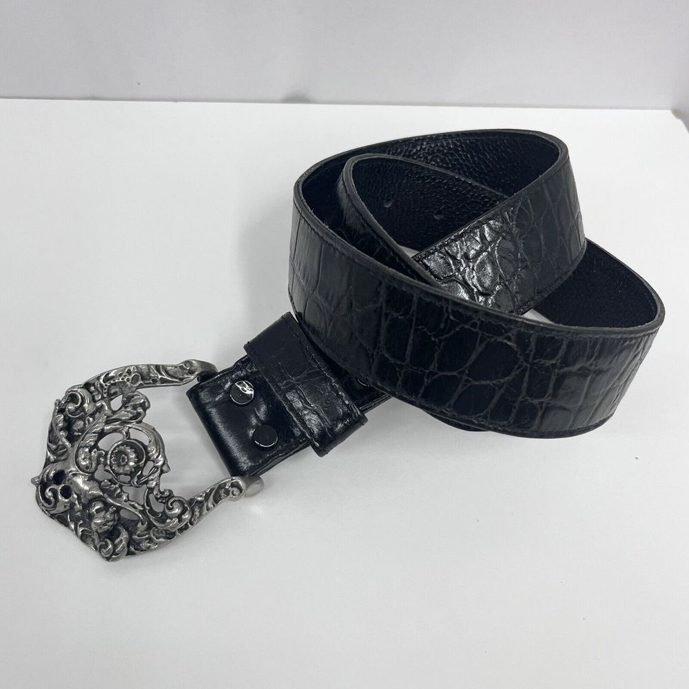 Ann Turk Leather Belt Black Silver Metal Cupid Size‎ 26 7/8" to 32 3/8"